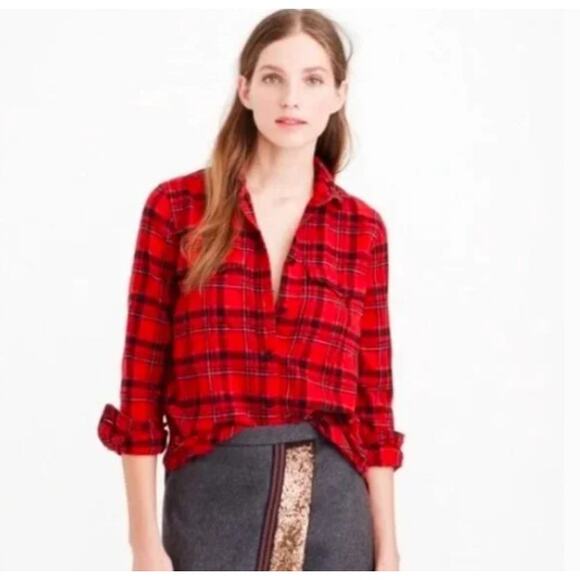 J. Crew Red and Black Windowpane Plaid Flannel Button Down Size 14 - Picture 1 of 9